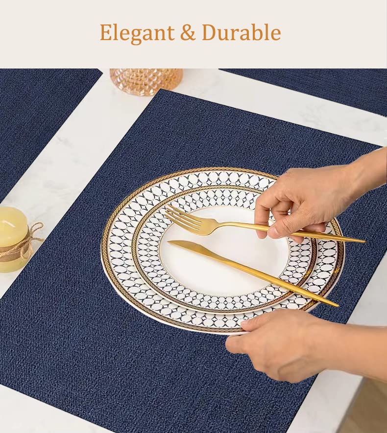 DACHUI Placemats Set of 6, Linen Look Woven Place Mats, Water Resistant, Heat Resistant, Washable, Durable Table Mats (Navy Blue) - Image 2